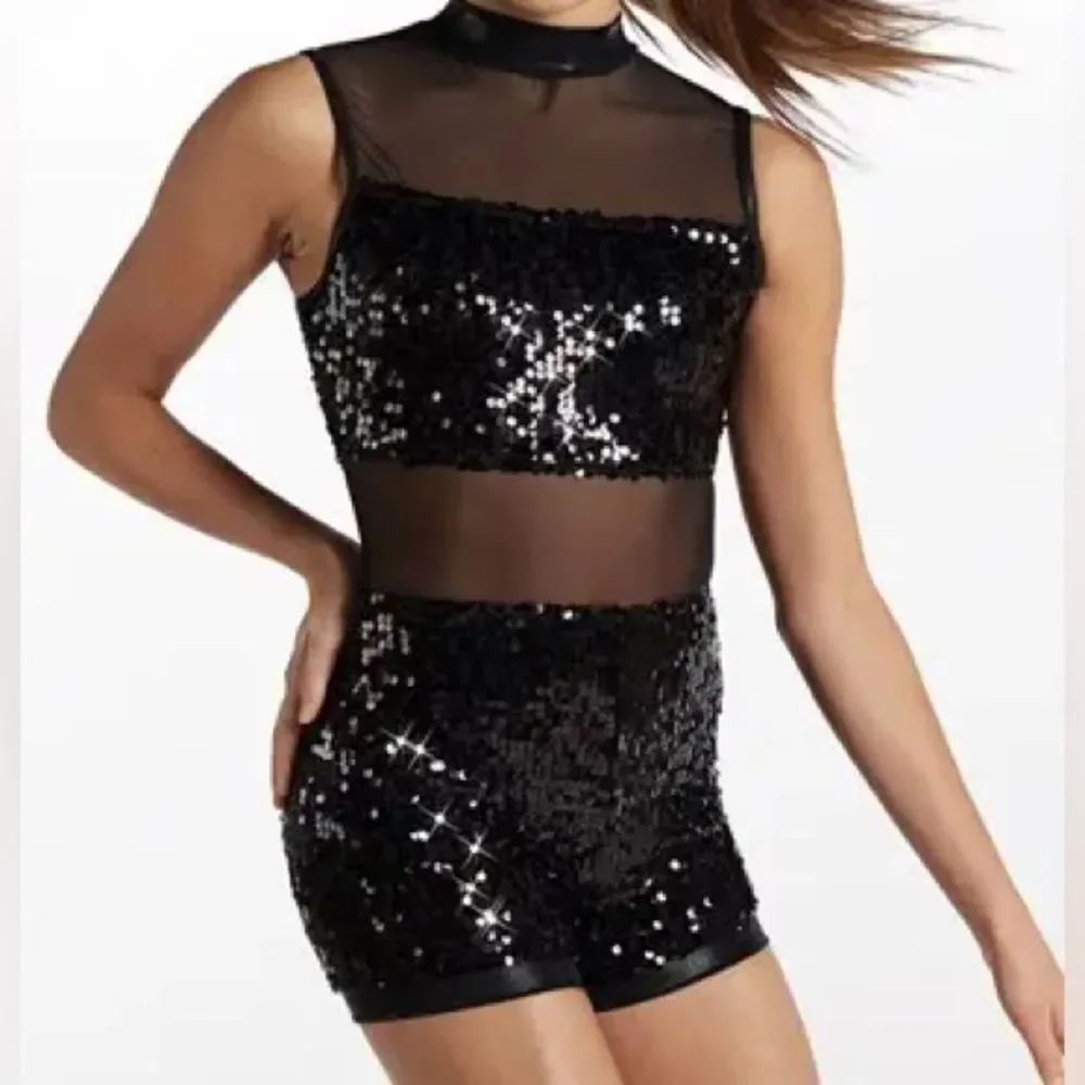 Weissman Black Sequin Mesh Two-Piece Dance Costume